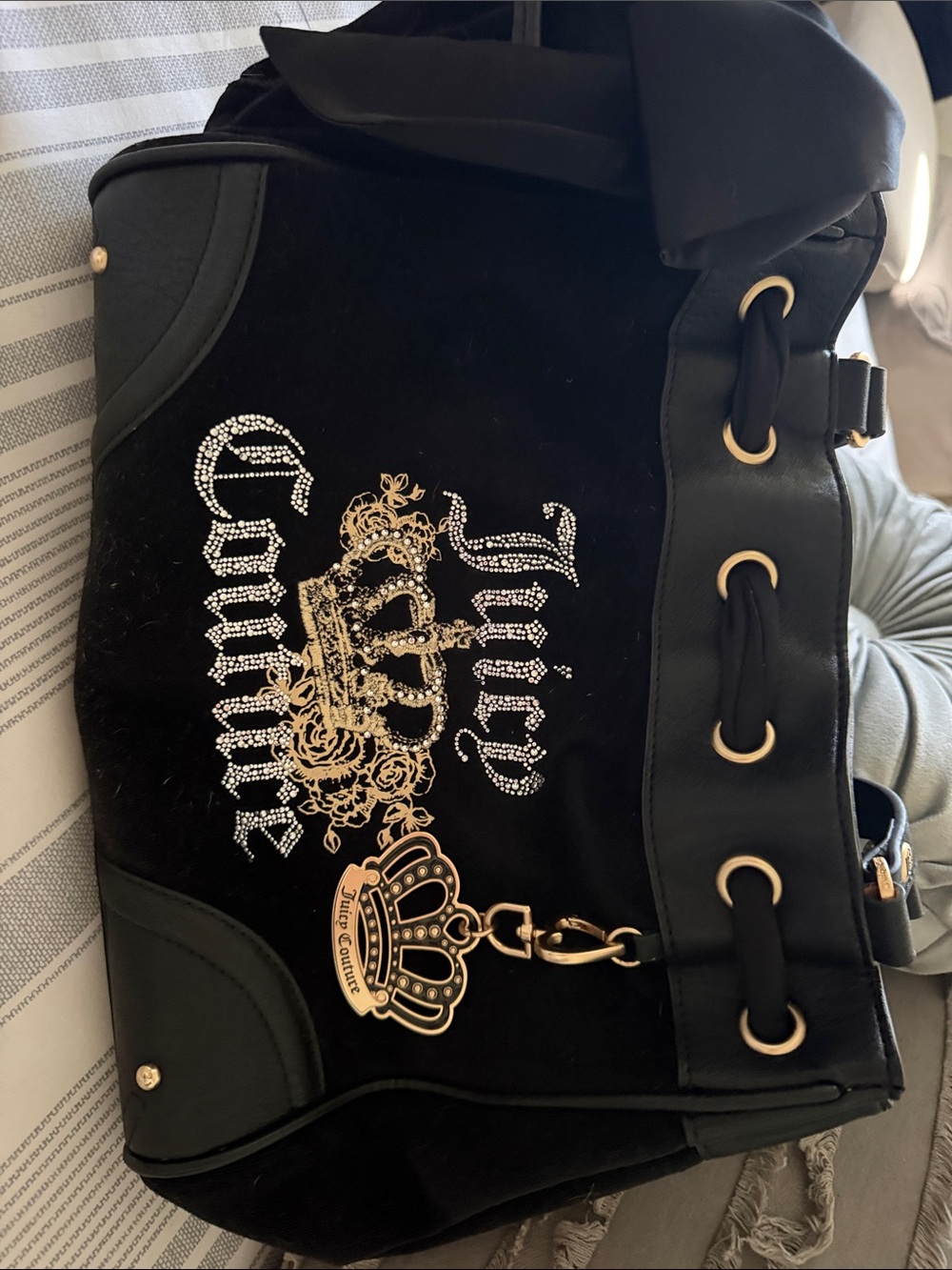 Juicy Couture Black Velour Tote with Gold Accents and Crown Charm